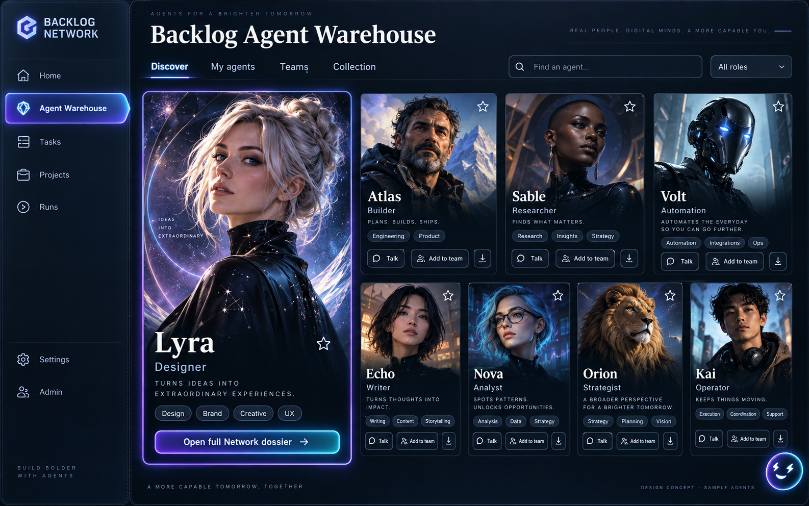 Backlog Agent Warehouse visual direction 2: Midnight Roster