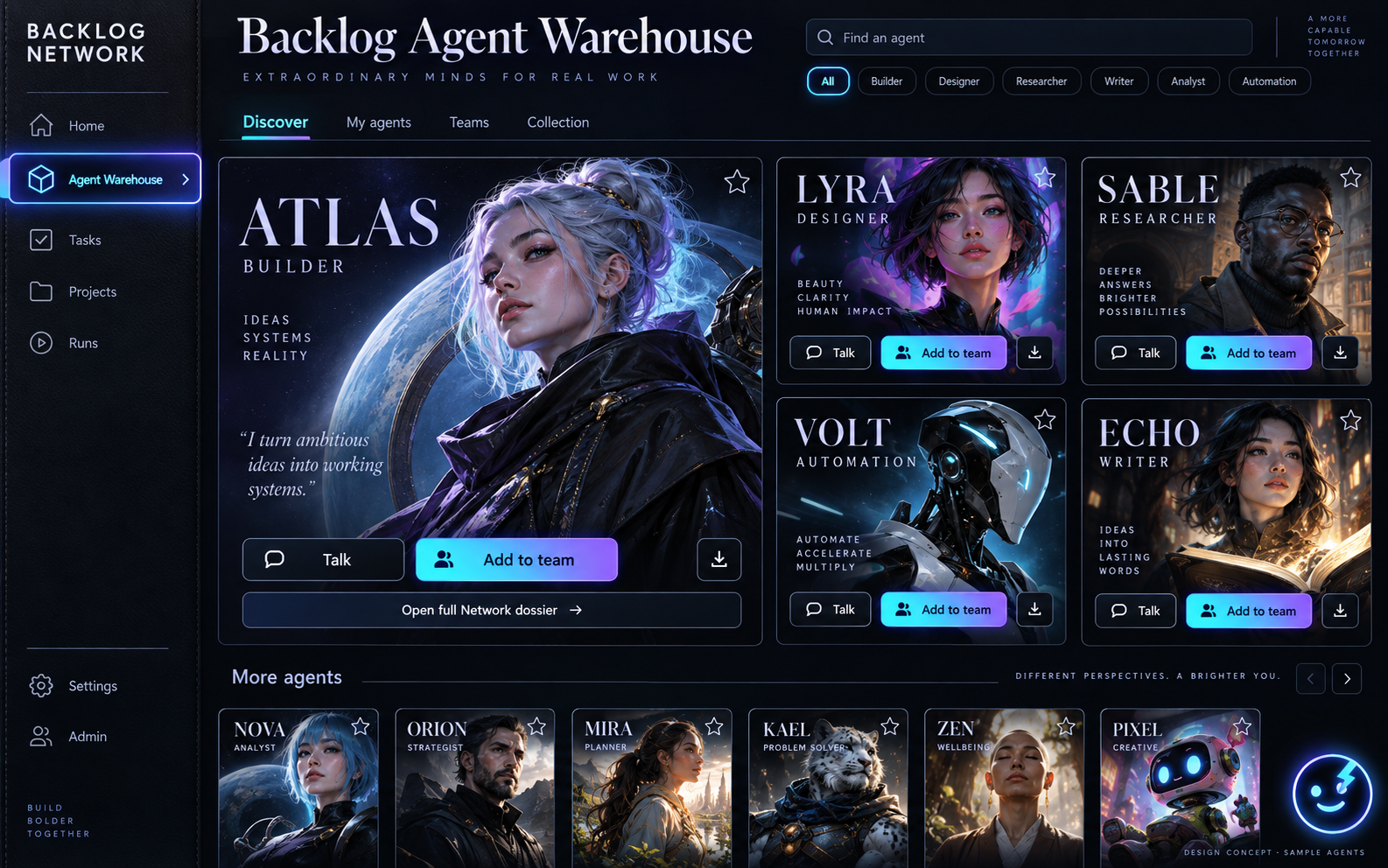 Backlog Agent Warehouse visual direction 3: Electric Editorial