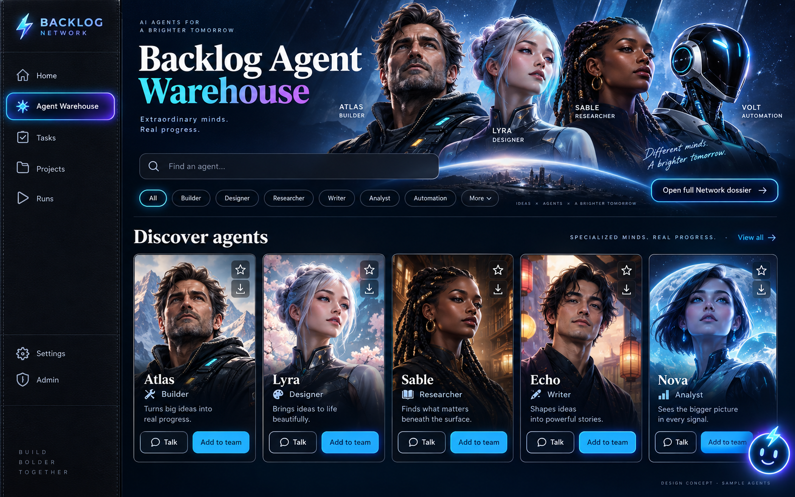 Backlog Agent Warehouse visual direction 10: Launch Deck